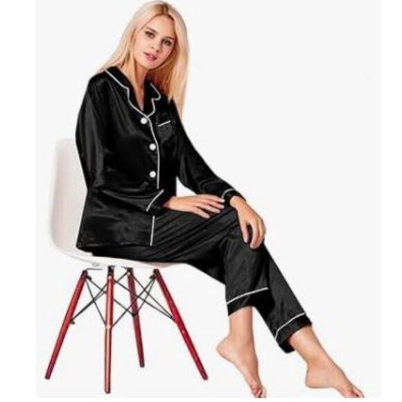 AMAZON, Black satin silk pyjamas set - Picture 4 of 13